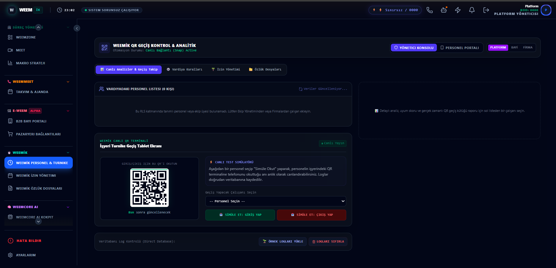 QR Geçiş & Personel Analitiği gerçek ürün ekranı